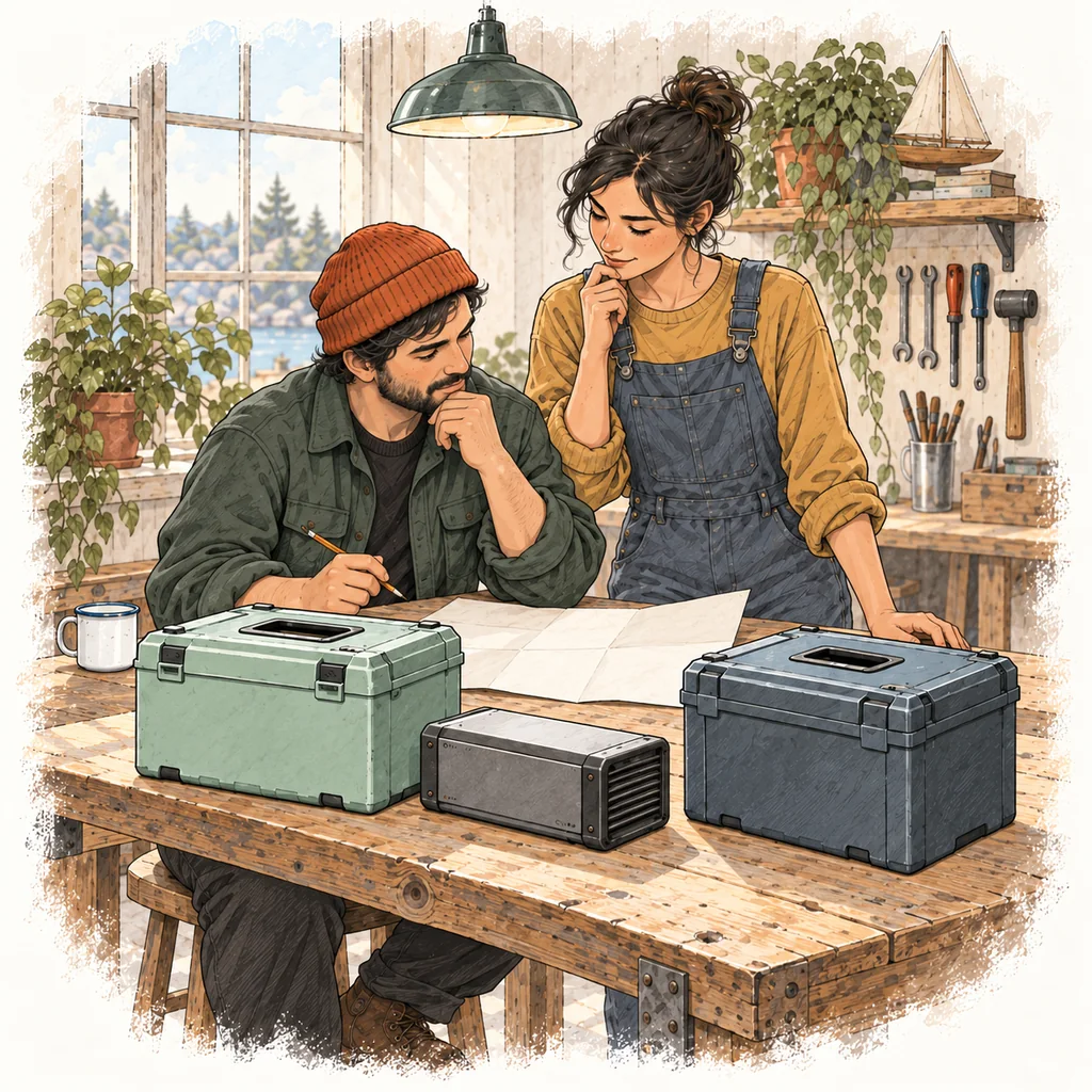 Two makers compare enclosed battery boxes and a compact charger at a workshop bench.