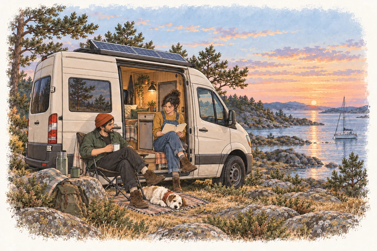Two campers spend the evening beside a campervan with a lit reading lamp and a small fridge.
