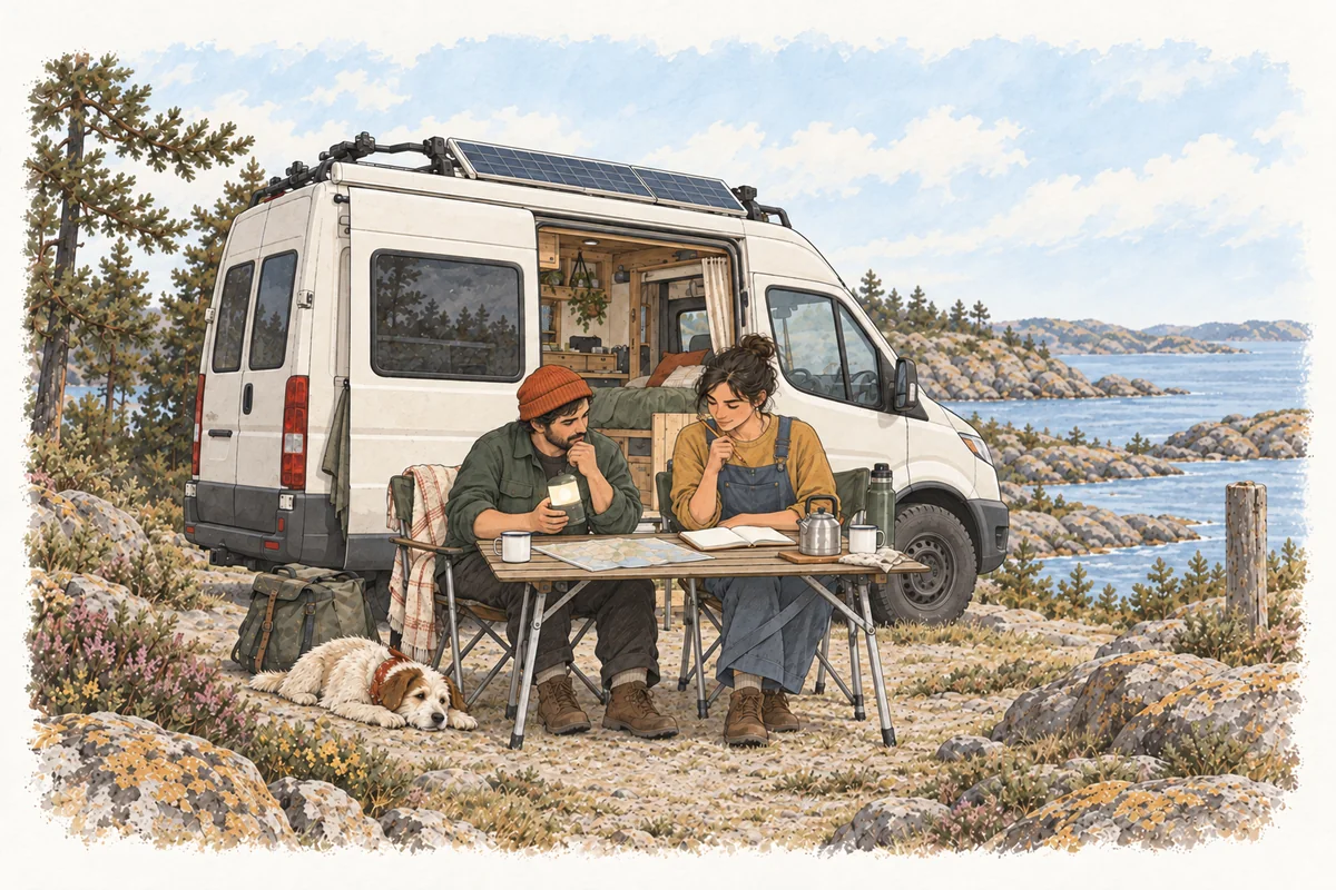 Two campers review a notebook and a lantern at a table beside their solar-equipped campervan.